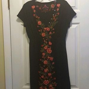 Johnny Was Black Dress with Red Floral Embroidery
